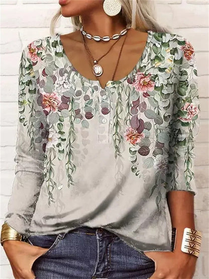 Lockeres, langärmliges Damen-T-Shirt mit geometrischem Blumenmuster und U-Ausschnitt und Knöpfen