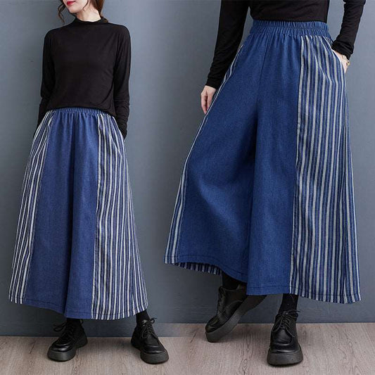 Autumn Clothing Casual Patchwork Striped Denim Fashionable Wide Leg Pants