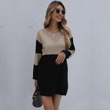 Pullover Round Neck Loose Knitted Stitching Contrast Color Woolen Skirt from Eternal Gleams