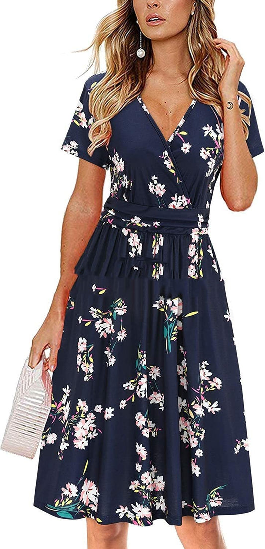 Chic V-Neck Wrap Dress with Pocket - Printed Mid Skirt from Eternal Gleams