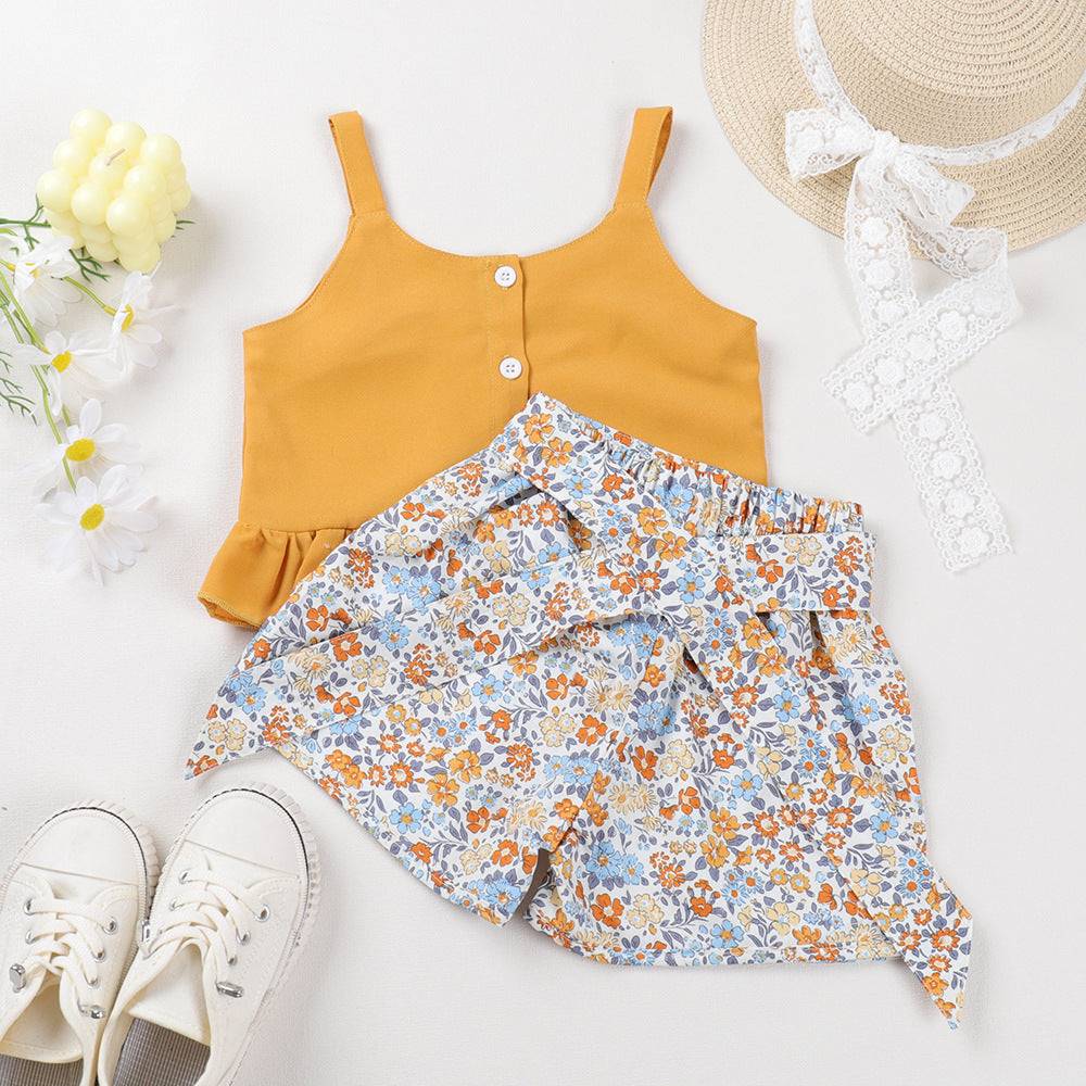 Blossom Bloom Set: Girls' Floral Suspender Top & Shorts