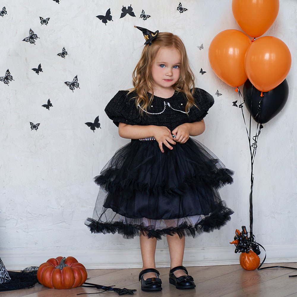 Girls' Fashion Halloween Mesh Stitching Puff Sleeve Dress from Eternal Gleams