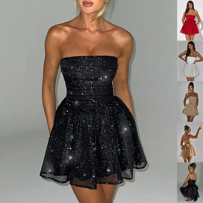Elegant tube top lace dress in black with back bow knot and mesh stitching from Eternal Gleams