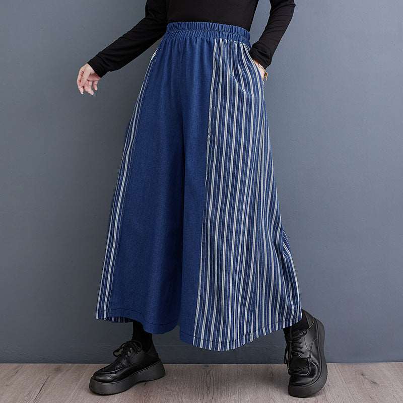 Autumn Clothing Casual Patchwork Striped Denim Fashionable Wide Leg Pants