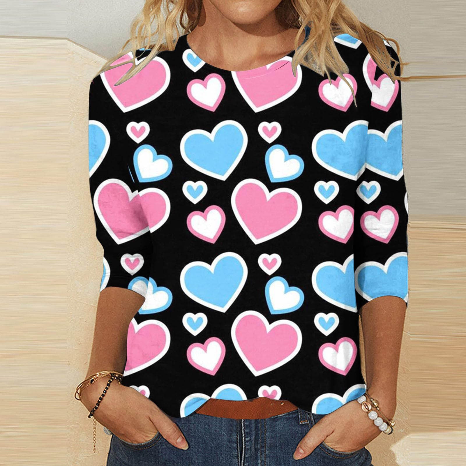 Valentine's Day Female With Hearts Printing Crew Neck T-shirt Top from Eternal Gleams