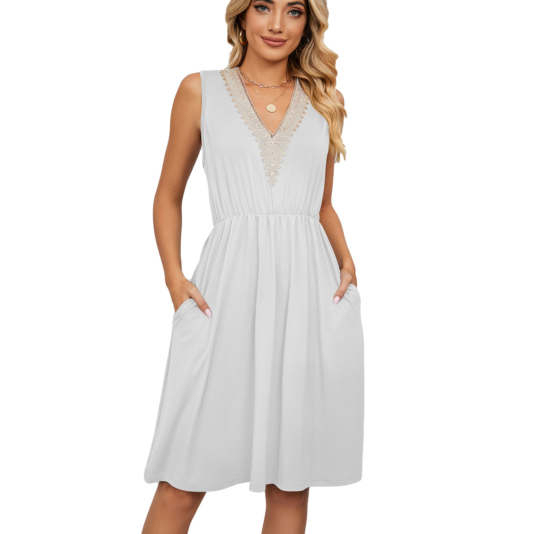 Lace Panel Sleeveless Dresss With Pocket V-neck Dresses For Women from Eternal Gleams