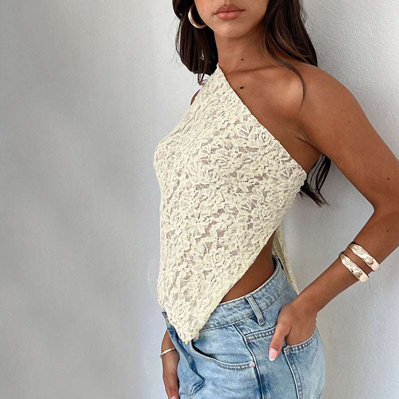 Sloped Neck Lace Backless Top: Streetwear Chic