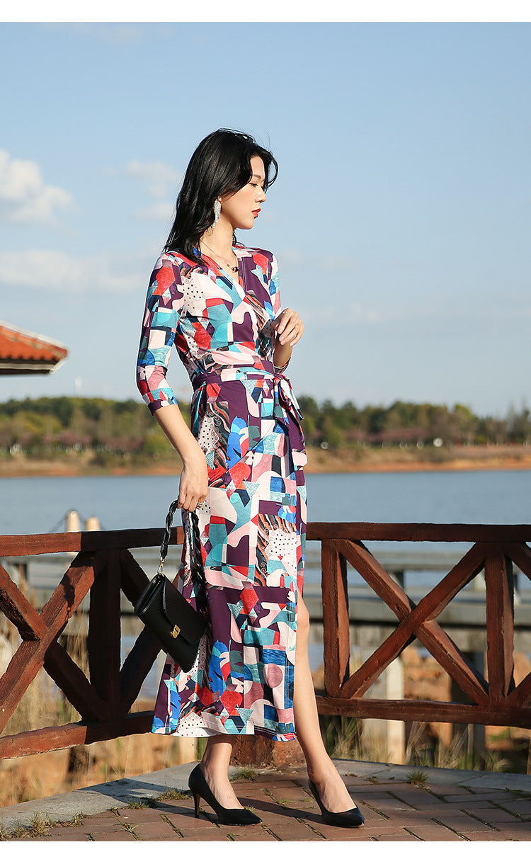 Women's seaside holiday slim dress with geometric prints from Eternal Gleams