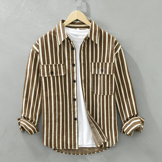Youth Loose Fit Striped Cotton Cardigan Shirt - Japanese Retro Style, Available in White and Brown | Eternal Gleams