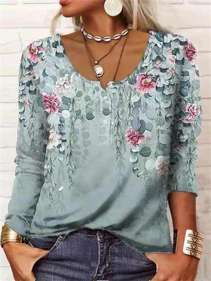 T-shirt ample à manches longues pour femmes, motif Floral géométrique, col en U, boutonné