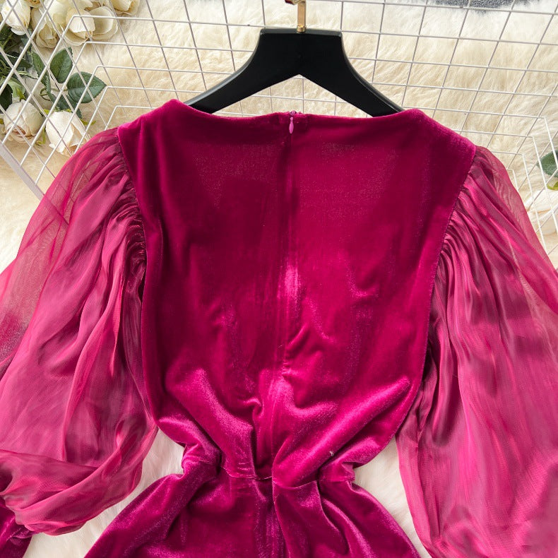 Opulent Elegance: Vintage Velvet Lantern Sleeve Dress in Rose Red from Eternal Gleams