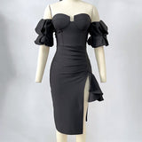 Chic Sophistication: Women's Solid Color Lantern Sleeve Bandage Dress from Eternal Gleams