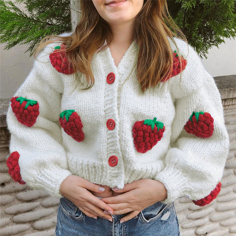 Sweet Strawberry V-neck Cardigan: Cozy Elegance from Eternal Gleams