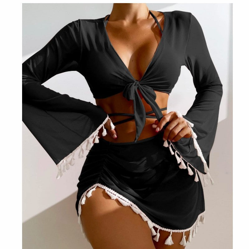 4pcs Solid Color Bikini Set with Short Skirt and Long Sleeve Cover-Up in various colors from Eternal Gleams