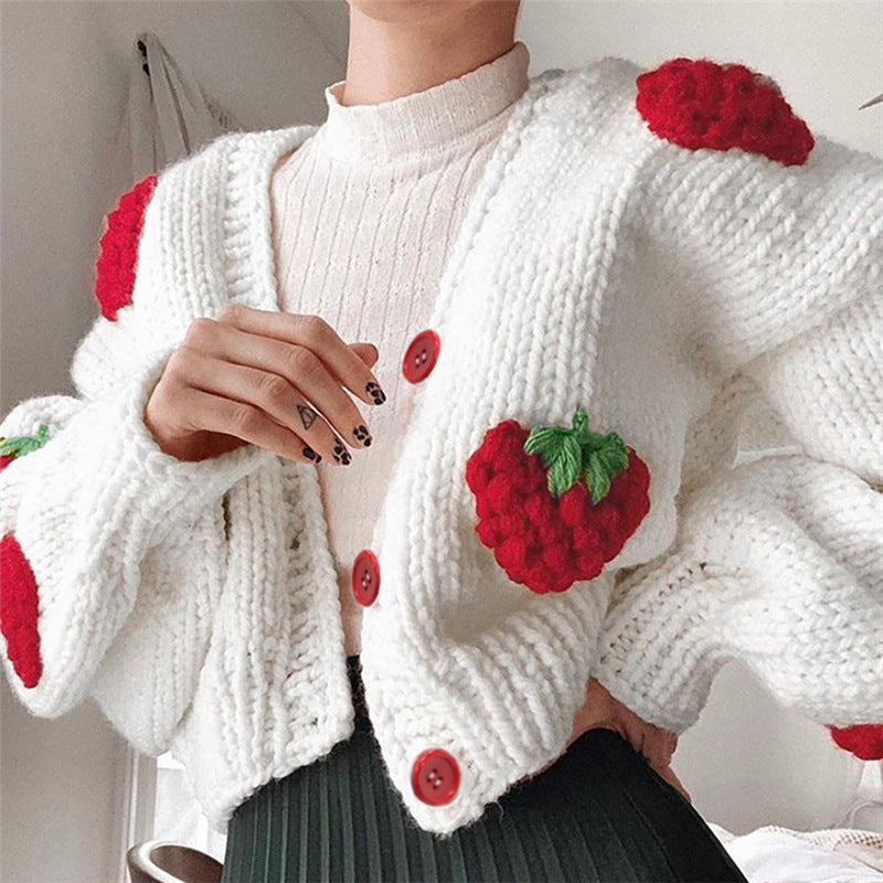 Sweet Strawberry V-neck Cardigan: Cozy Elegance from Eternal Gleams