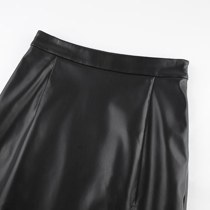 Slit Leather Sexy Mid-Length Skirt - High waist skirt with side slit, elegant and stylish.