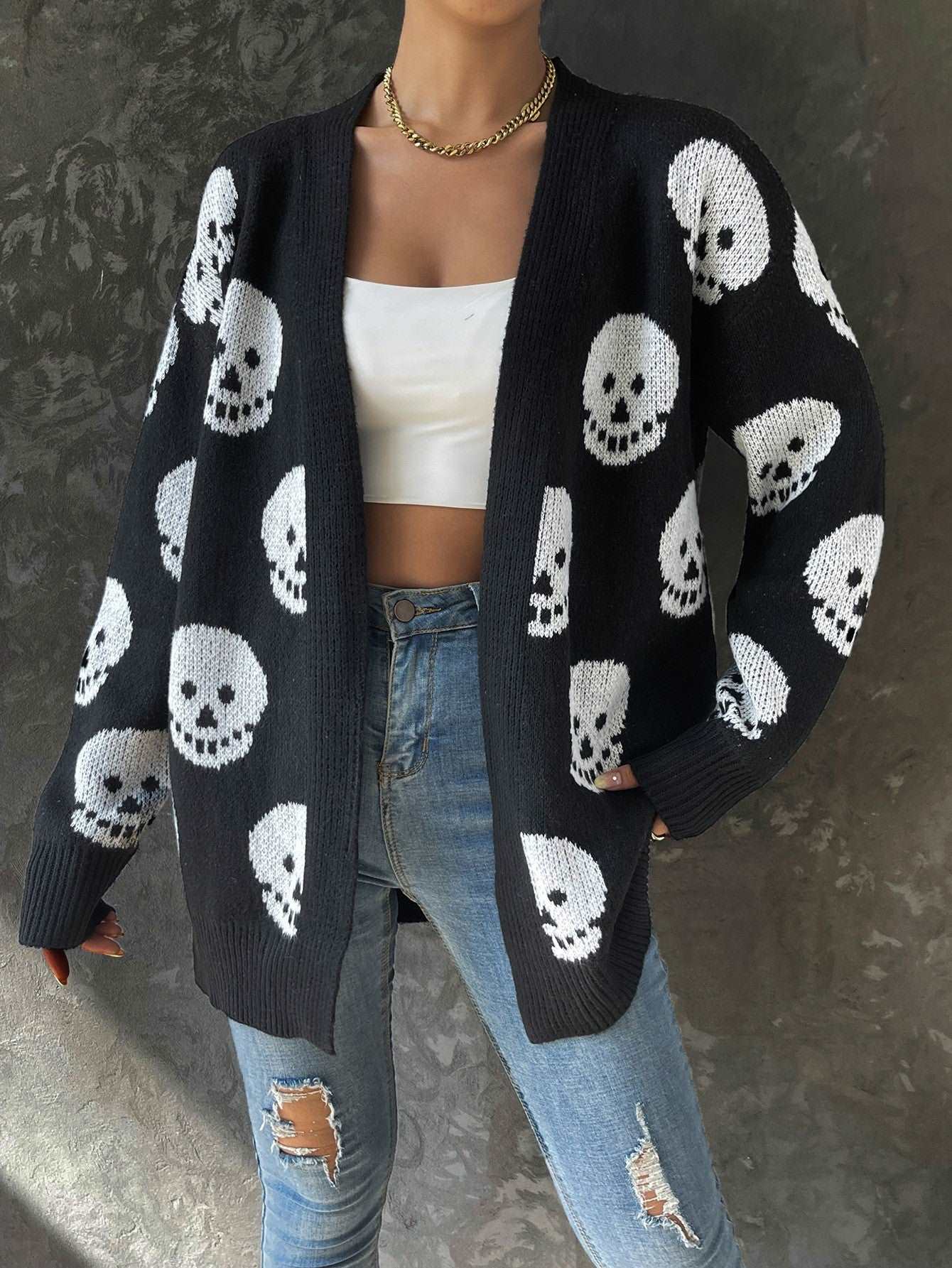 Chic Halloween Skull Jacquard Cardigan