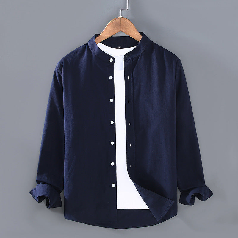 Men's Thin Stand-Up Collar Long Sleeve Shirt - Pure Cotton, Multiple Colors | Available at Eternal Gleams