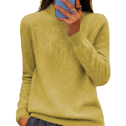 Women's Pullover Sweater Half-high Collar With Diamonds