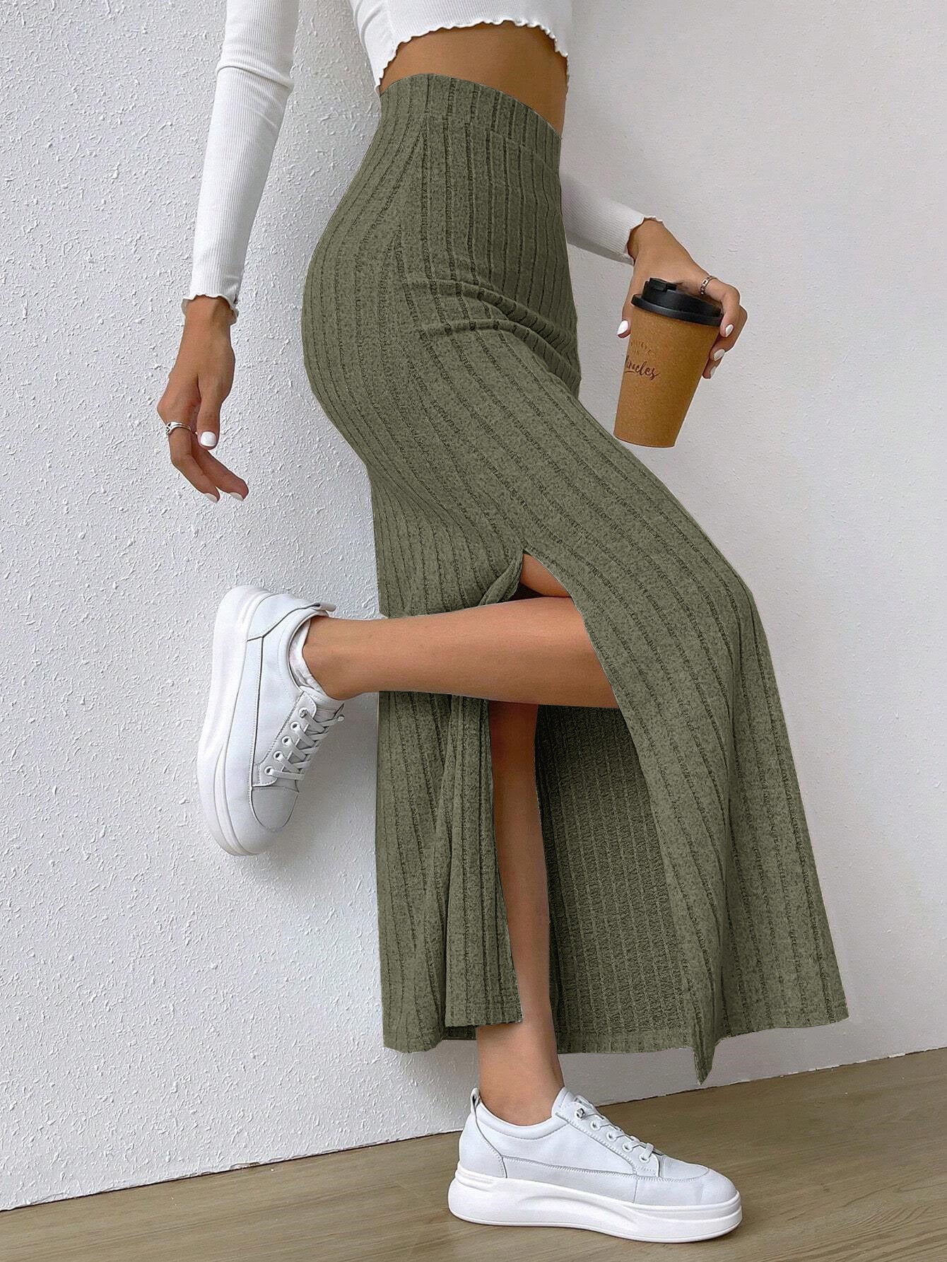 Spring Long Skirt High Waist Side Slit Slim Fit Knitted Women's Dress from Eternal Gleams