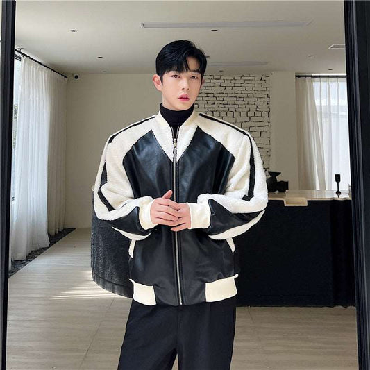 Men's Leather Contrast Color Lambswool Special Interest Design Jacket