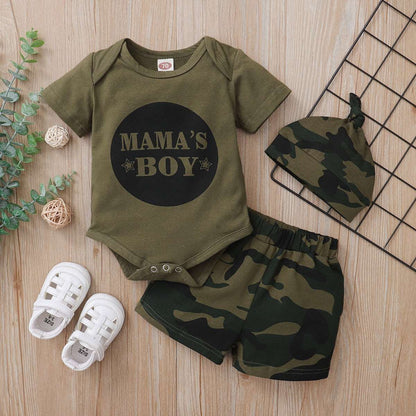 Army Green Camo Shorts and Hat Set: Cool Summer Attire for Boys (0-18M)