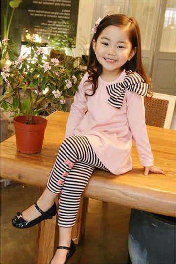 Chic Striped Bow Tie T-shirt and Leggings Set for Girls from Eternal Gleams