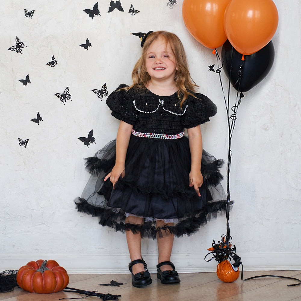 Girls' Fashion Halloween Mesh Stitching Puff Sleeve Dress from Eternal Gleams