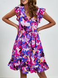 Fashionable summer leaf print V-neck ruffled sleeveless A-line dress from Eternal Gleams