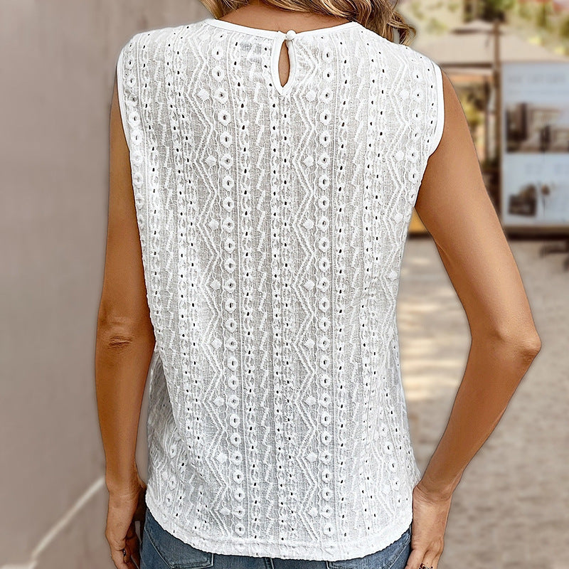 Women's Lace Stitching Solid Color Vest Women's See-through Round Neck Top