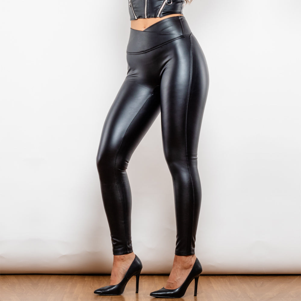 SHASCULLFITES Melody X-Cross Black High-Waist Leather V-Shape Leggings from Eternal Gleams