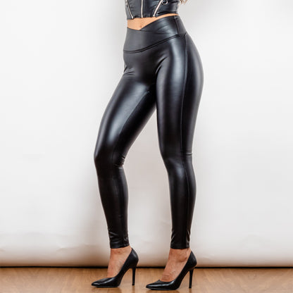 SHASCULLFITES Melody X-Cross Schwarze Leggings aus Leder mit hoher Taille und V-Form