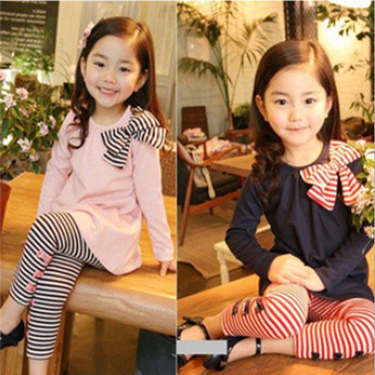 Chic Striped Bow Tie T-shirt and Leggings Set for Girls
