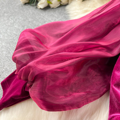 Opulent Elegance: Vintage Velvet Lantern Sleeve Dress in Rose Red