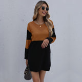 Pullover Round Neck Loose Knitted Stitching Contrast Color Woolen Skirt from Eternal Gleams