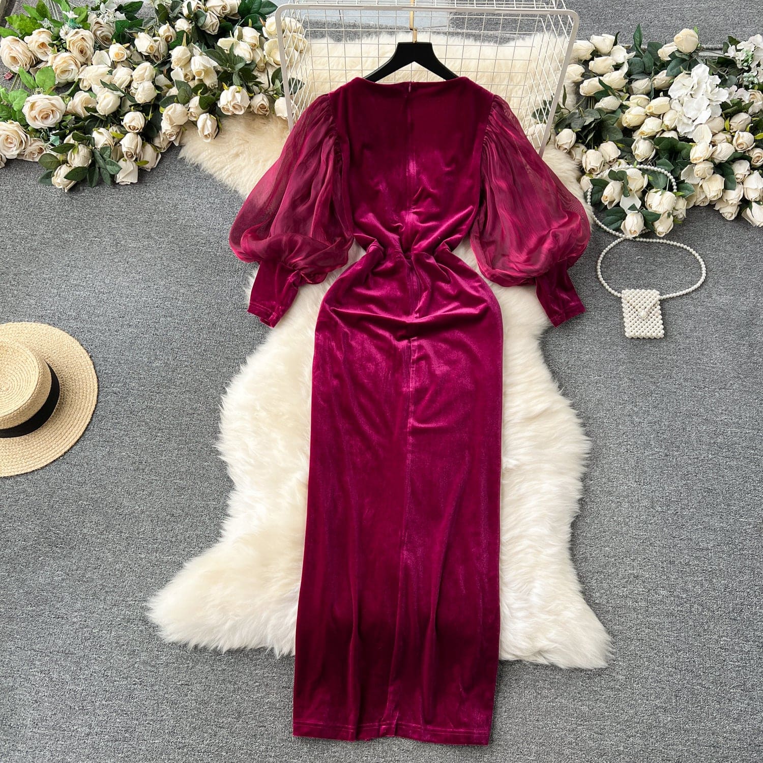 Opulent Elegance: Vintage Velvet Lantern Sleeve Dress in Rose Red from Eternal Gleams