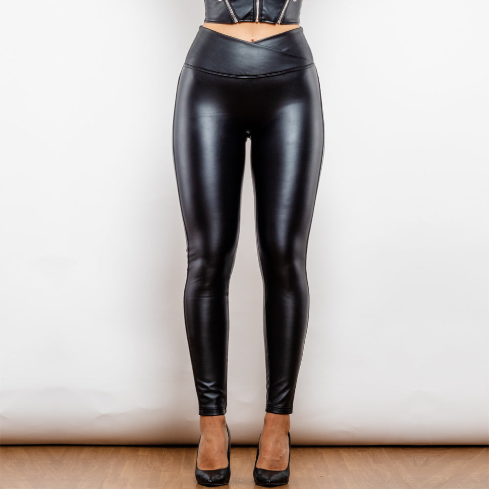 SHASCULLFITES Melody X-Cross Schwarze Leggings aus Leder mit hoher Taille und V-Form