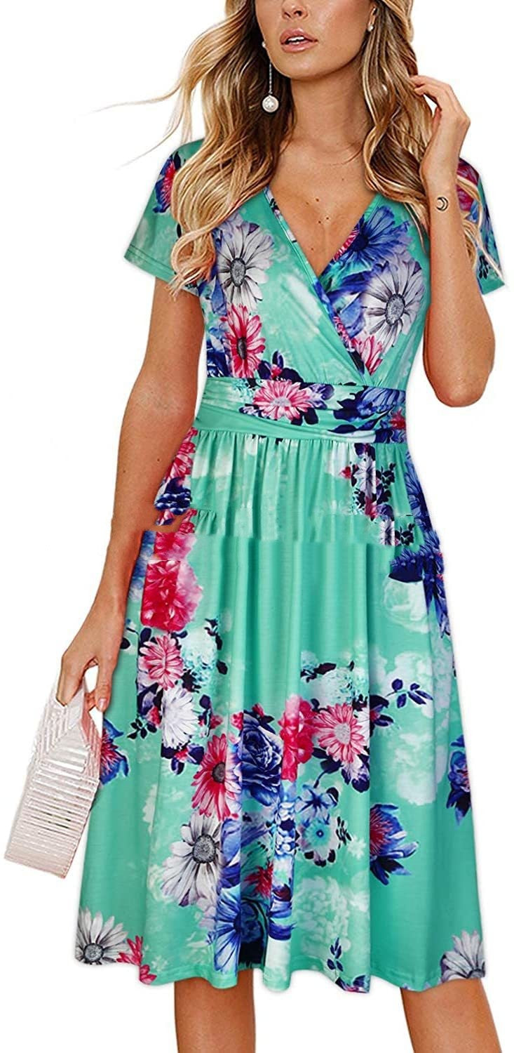 Chic V-Neck Wrap Dress with Pocket - Printed Mid Skirt from Eternal Gleams