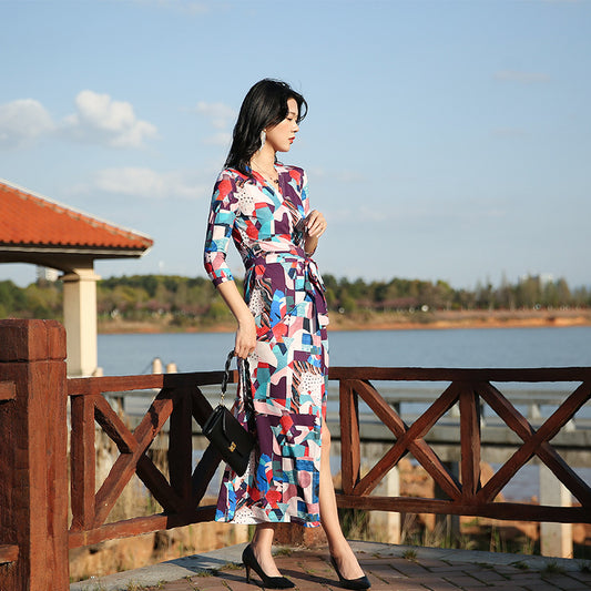 Women's seaside holiday slim dress with geometric prints from Eternal Gleams