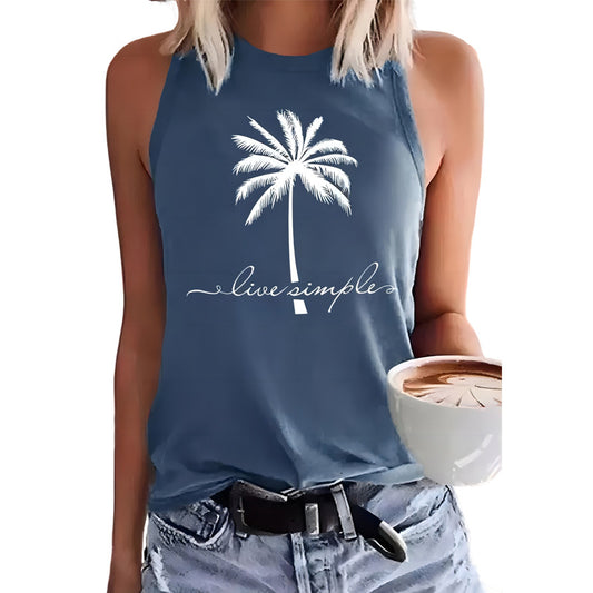 Coconut Tree Printed Crew Neck Casual Sleeveless T-shirt Women's Vest from Eternal Gleams