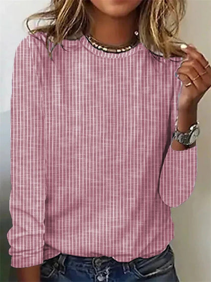 Lockeres, einfarbig gestreiftes Rundhals-T-Shirt für Damen