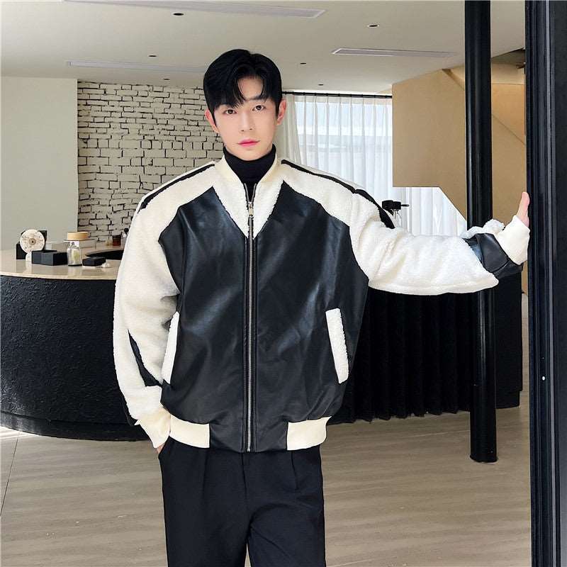 Men's Leather Contrast Color Lambswool Special Interest Design Jacket