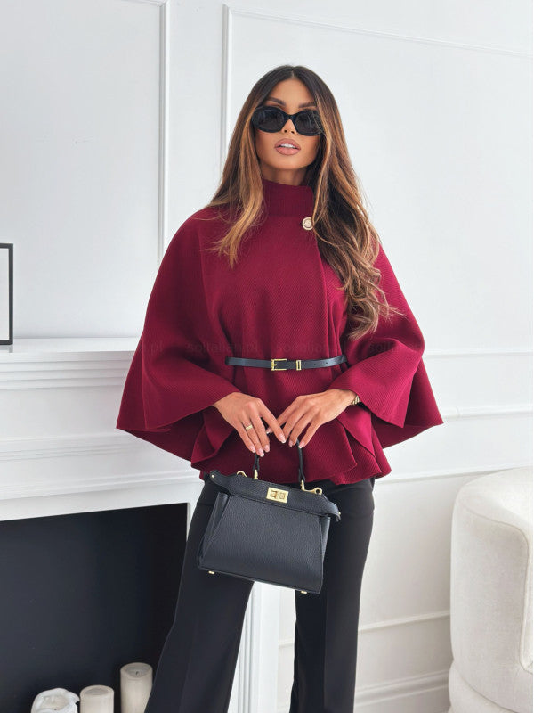 Sophisticated wine red woolen cloak with batwing sleeves, a stand collar, and an adjustable belt for a bold statement look.