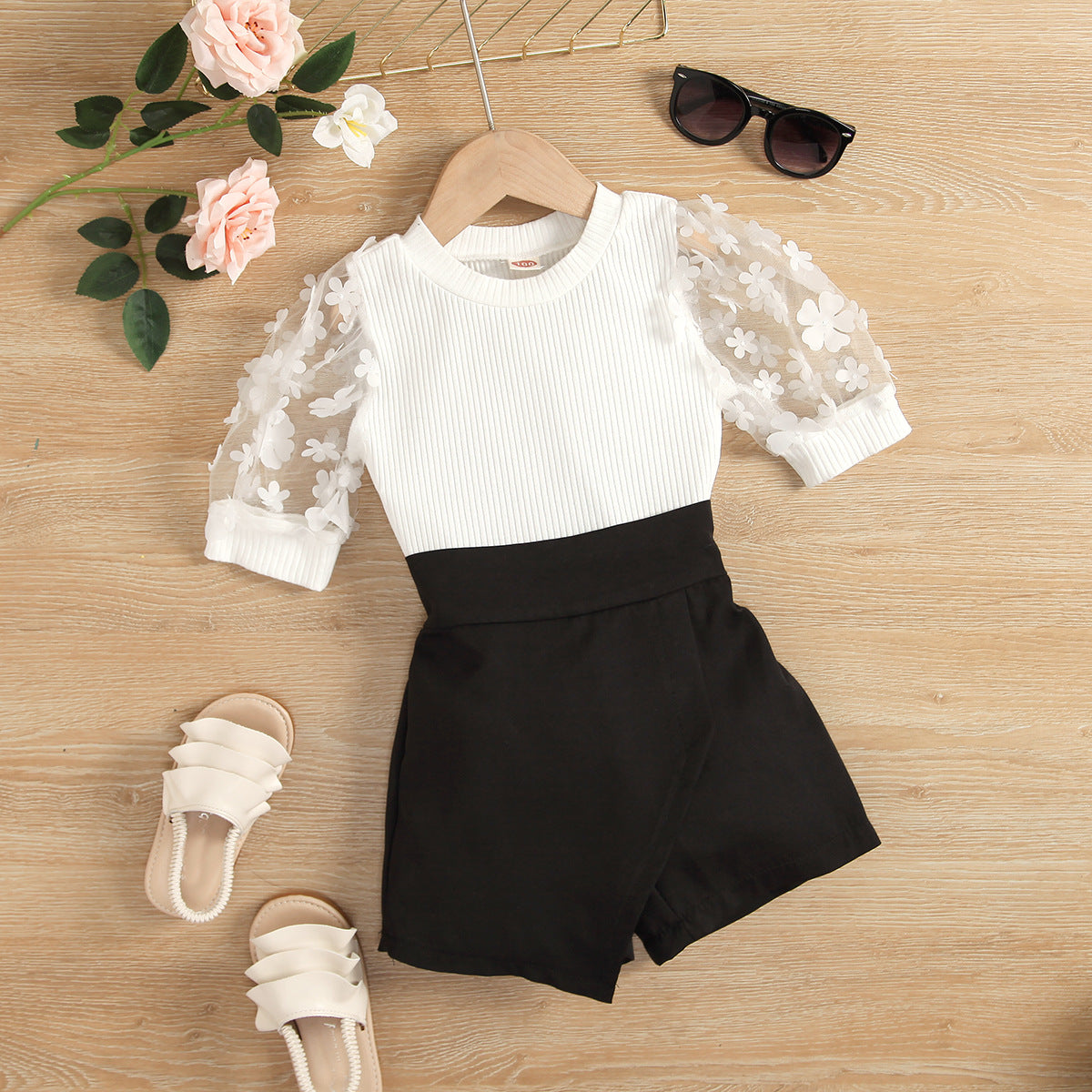 Floral Mesh Sleeve Top & Black Skirt Set for Stylish Girls