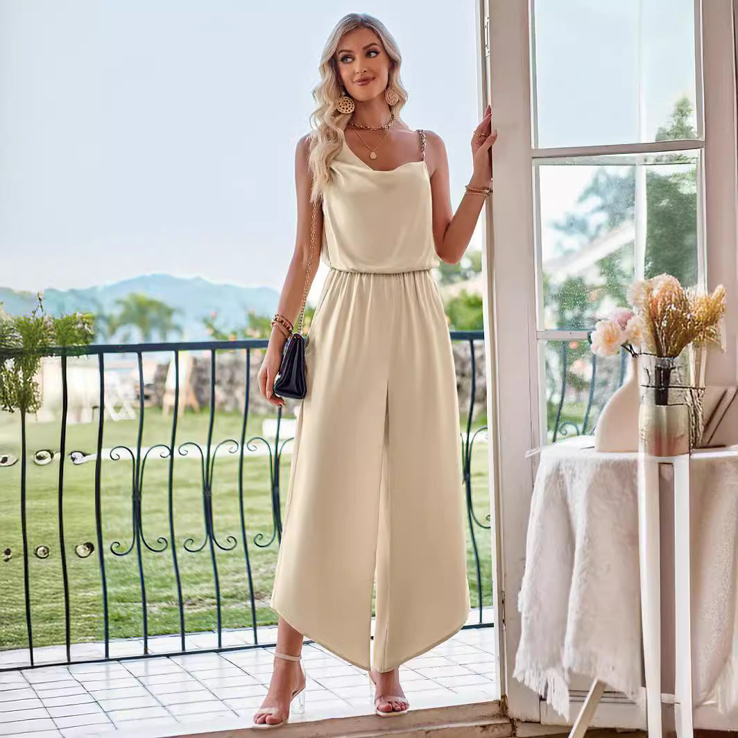 Casual Wide Leg Sleeveless Jumpsuit for Women in apricot from Eternal Gleams