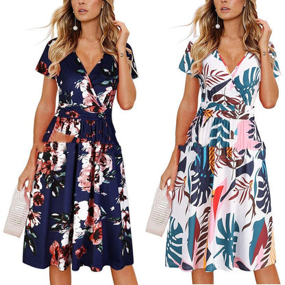 Chic V-Neck Wrap Dress with Pocket - Printed Mid Skirt from Eternal Gleams