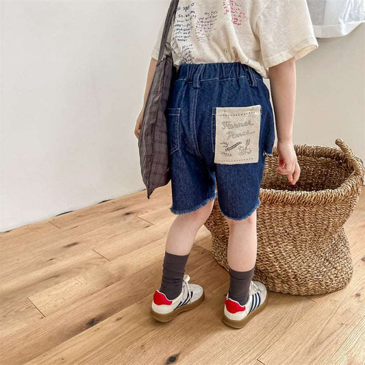 Boys And Girls Patch Raw Edge Denim Shorts