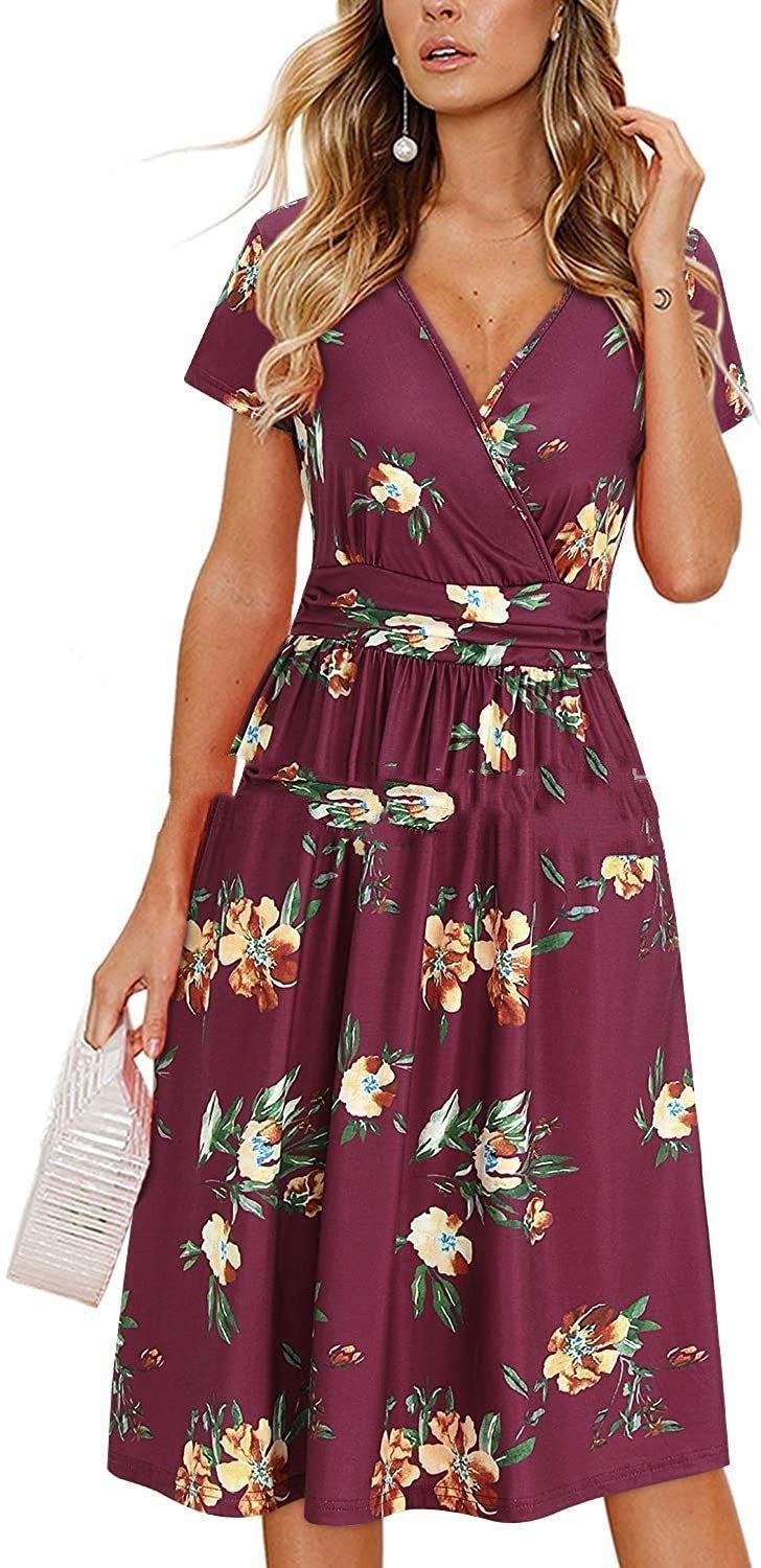 Chic V-Neck Wrap Dress with Pocket - Printed Mid Skirt from Eternal Gleams