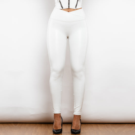 SHASCULLFITES Melody X-Cross White High-Waist Leather V-Shape Leggings from Eternal Gleams