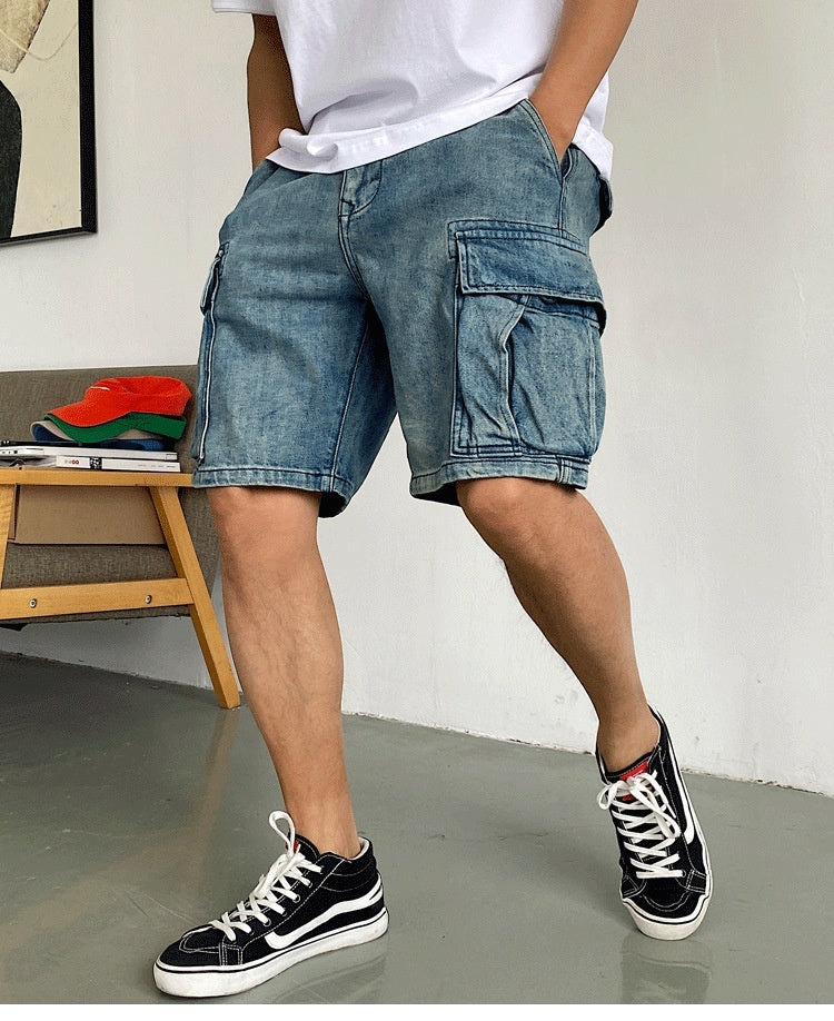 Men's retro casual PU high-end denim workwear shorts in blue from Eternal Gleams